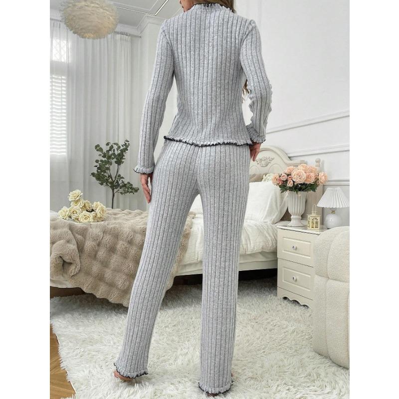 Women Brushed Striped Open Front Long Sleeve Pajama Set Casual Comfortable Home Loungewear