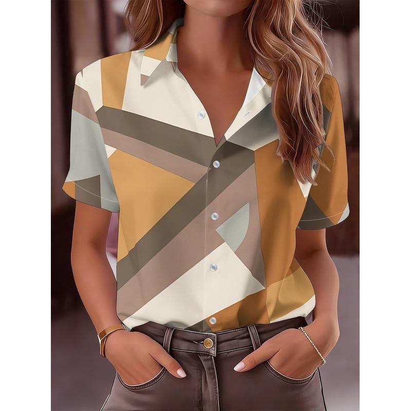 Women Casual Short Sleeve Button Up Shirt Geometric Brown Gray Beige Abstract Pattern Machine Washable Fashionable Blouse