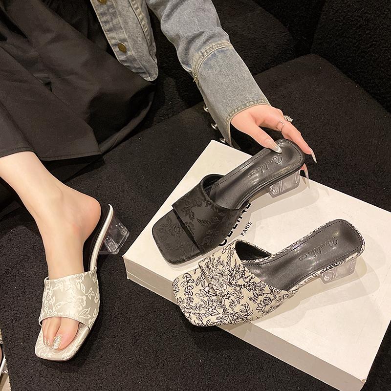 

Женские тапочки на высоком каблуке с принтом, летняя прозрачная женская обувь, женские сандалии на квадратном каблуке с открытым носком, женские сандалии на массивном каблуке