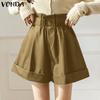 VONDA Summer Women Elastic High Waist Solid Color Casual Loose Shorts Mini Pants