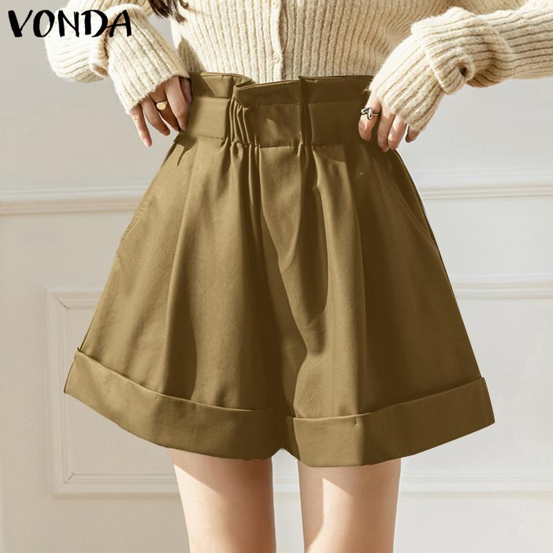 VONDA Summer Women Elastic High Waist Solid Color Casual Loose Shorts Mini Pants