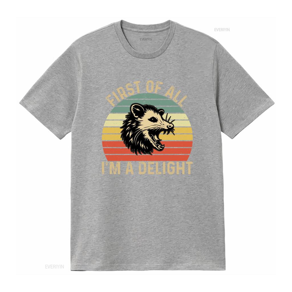Retro Vintage Funny Opossum First Of All Im A Delight Slogan Sunset Print Casual T Shirt vintage Washed Slightly
