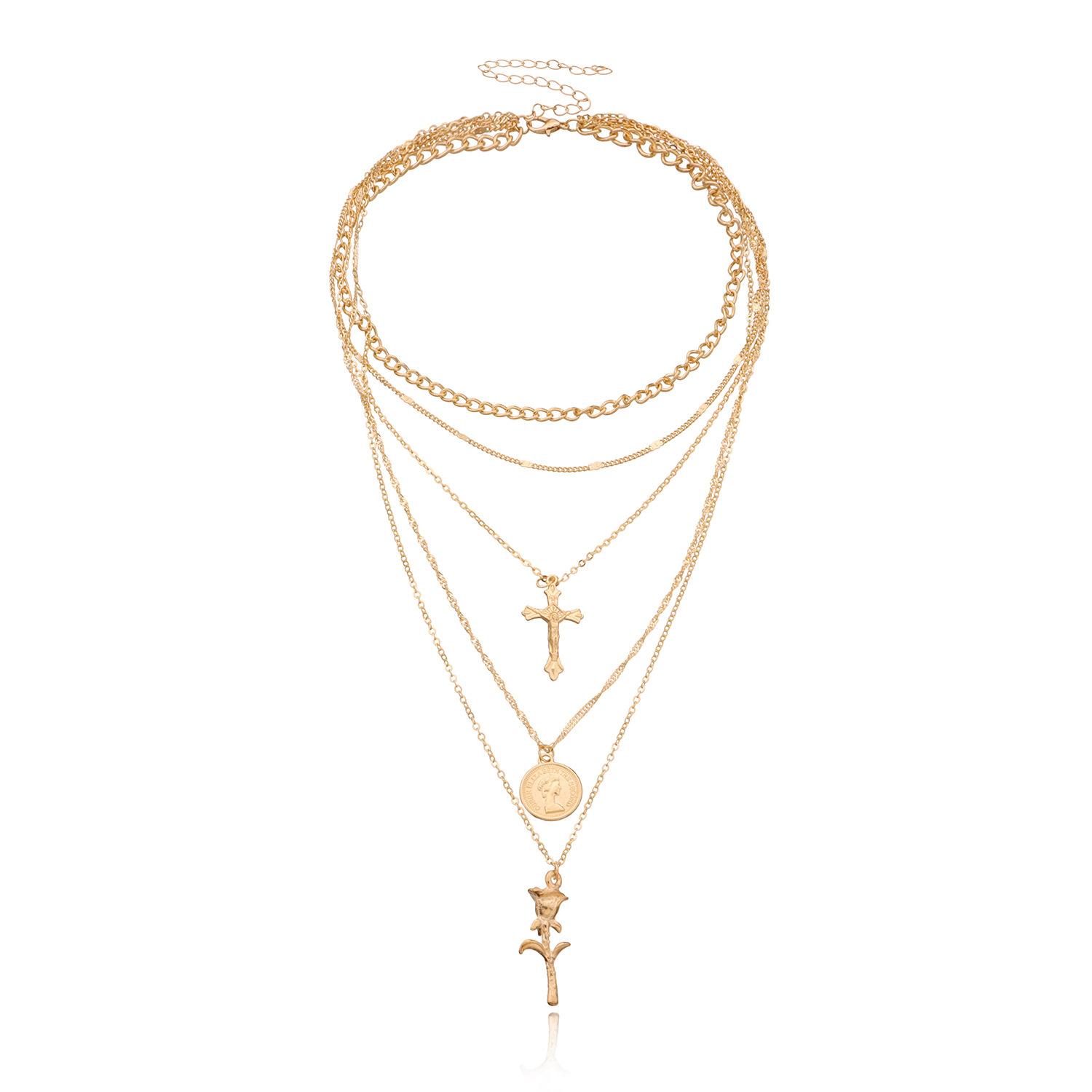 

European and American jewelry, fashion cross queen head pendant necklace female, temperament multi-layer rose necklace золотой