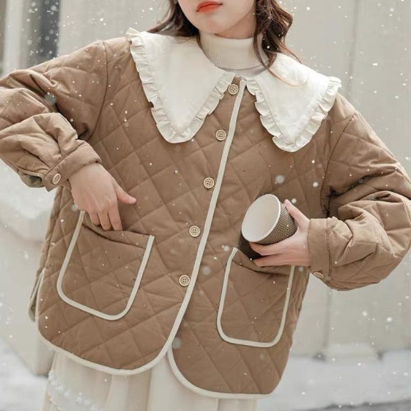 Women's Winter Retro Literary Academy Style Cotton Padded Jacket Thickened Warm Short Doll Collar Cotton Coat