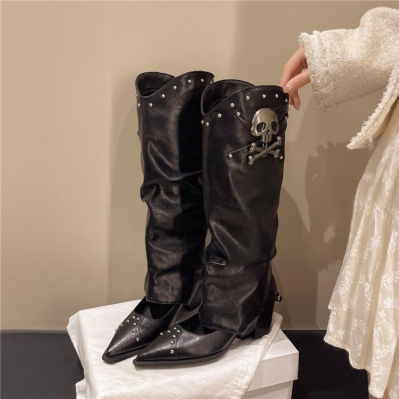 Fashion New Vintage Rivet Knight Western Boots Fall Pointed Toe Shallow Mouth Metal Buckle Skinny Stack Pant Leaf Boots