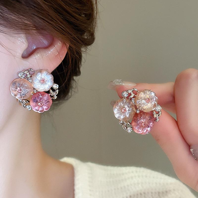Super fairy pink flower love fringed earrings versatile temperament earrings light luxury earrings women