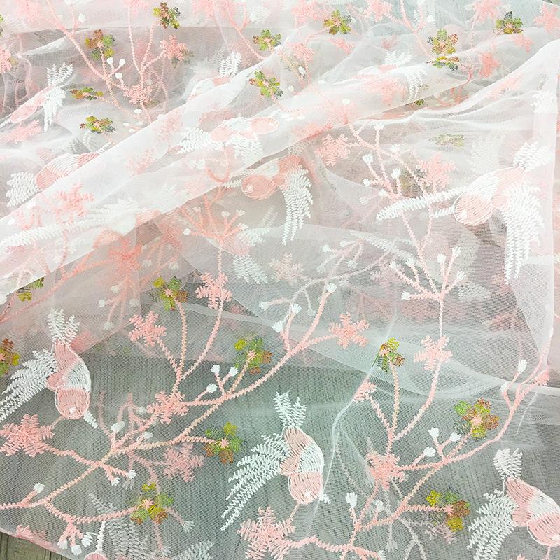 Pink Small Bird Embroidery Mesh Fabric Plant Pattern Sequins Fashion Lace Fabric For DIY Dress Children's Clothing Fabric TJ9659