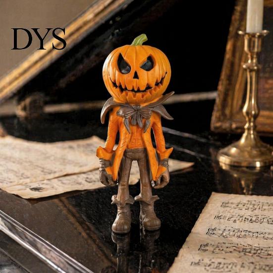 Indoor Halloween Scene Accessory Pumpkin Man Figurine, Retro Gentleman Head Resin Statue Durable Figurine for Bookshelf Ornament, Spooky Desktop Decor