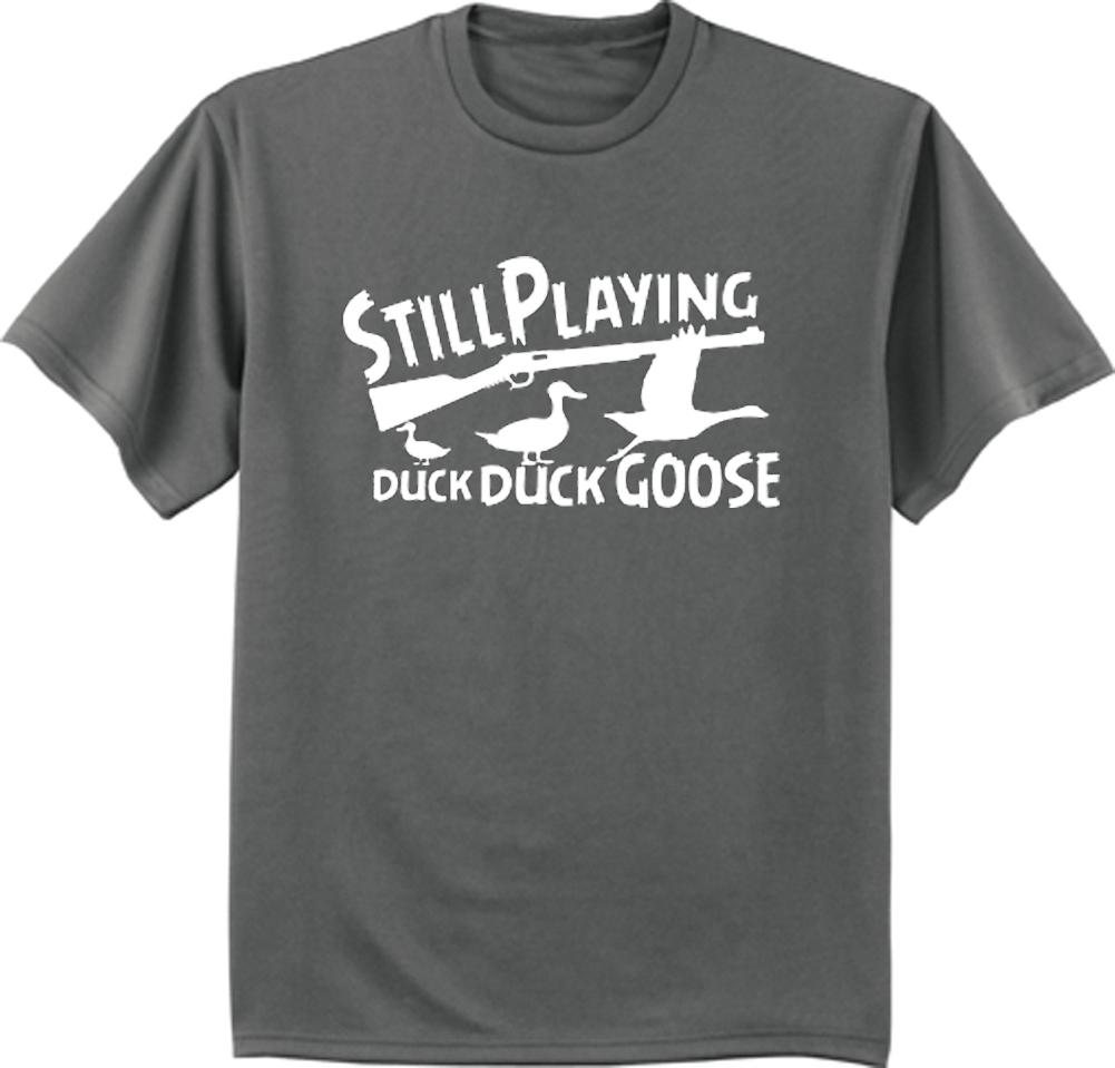 Still playing duck duck goose funny duck hunting t-shirt mens gray tee shirt