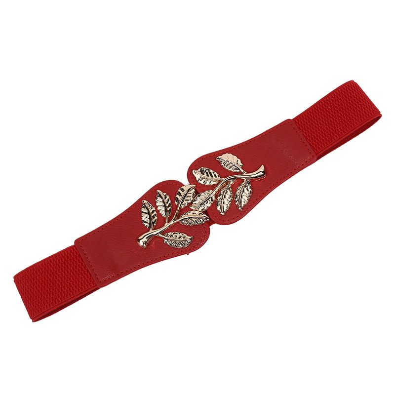 Women's Waist Belts Retro Waistband Golden Leaf Elastic Waist Closure with Double Hook Buckle Wide Belt Fashion Elegant Women Belt for Skirt
