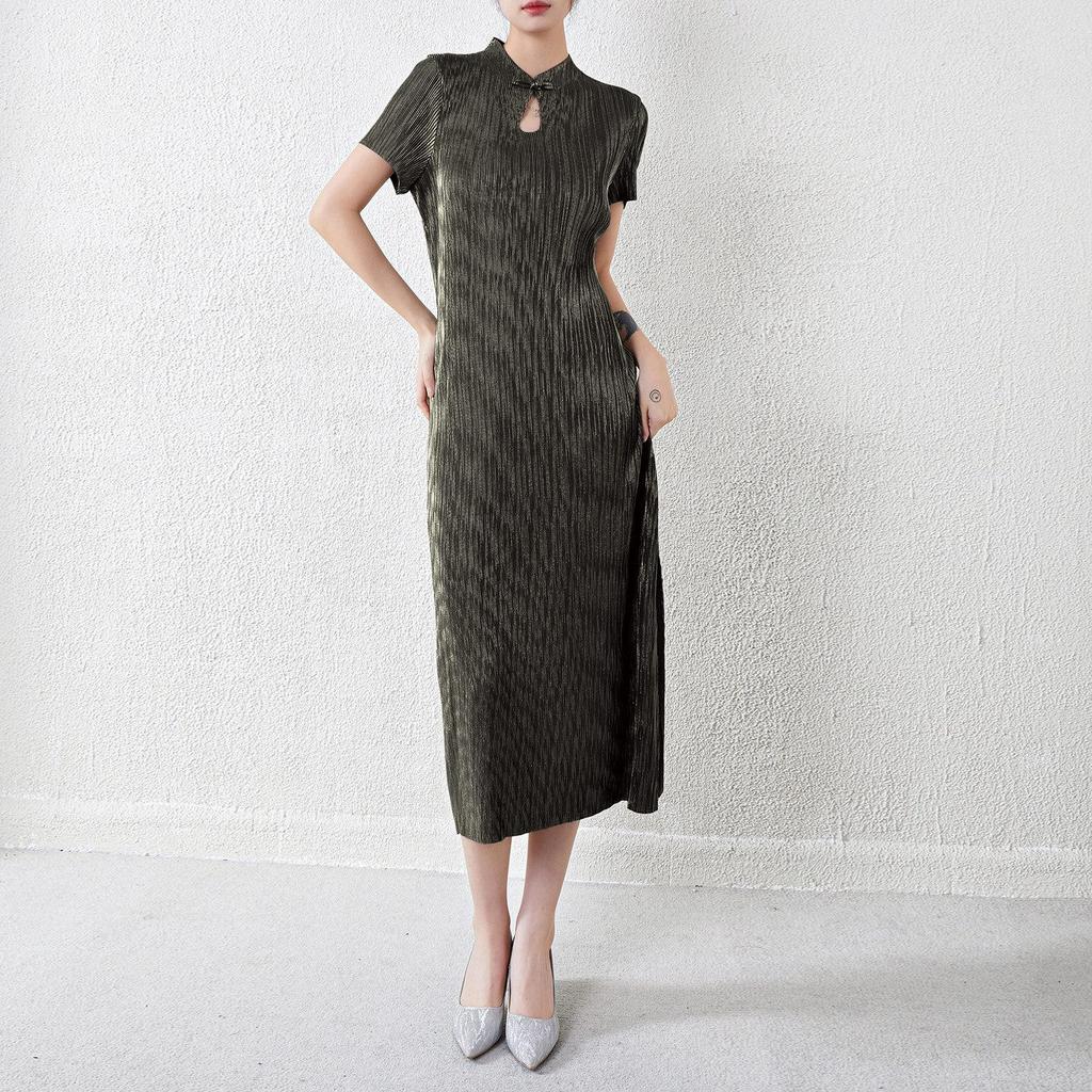 New Chinese Style Cheongsam Dress: Women's Pleated Summer A-Line, French-Inspired, Waist-Slimming Long Dress