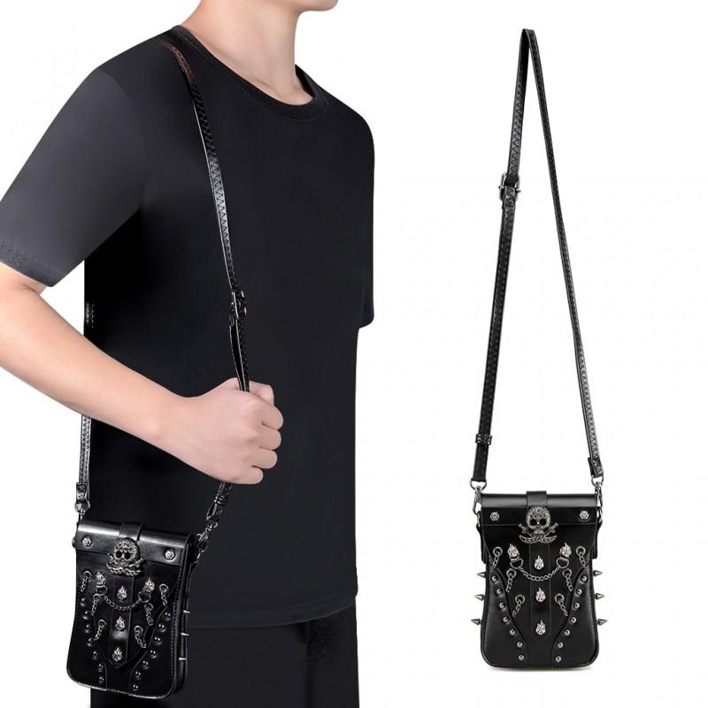 Damen Mini Quadratische Umhängetasche Retro Punk Stil Mit Nieten Totenkopf Dekor Handyfach