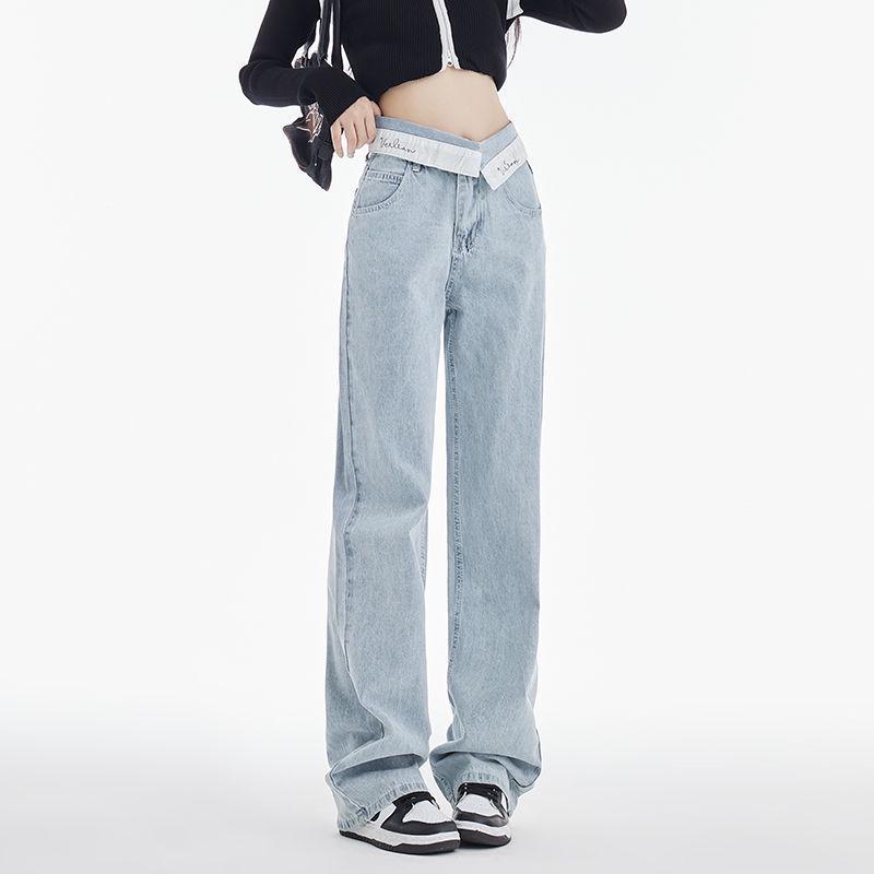 

Women s Petite Light Blue Wide-Leg Folded Waist Jeans - 2025 Spring Collection Large