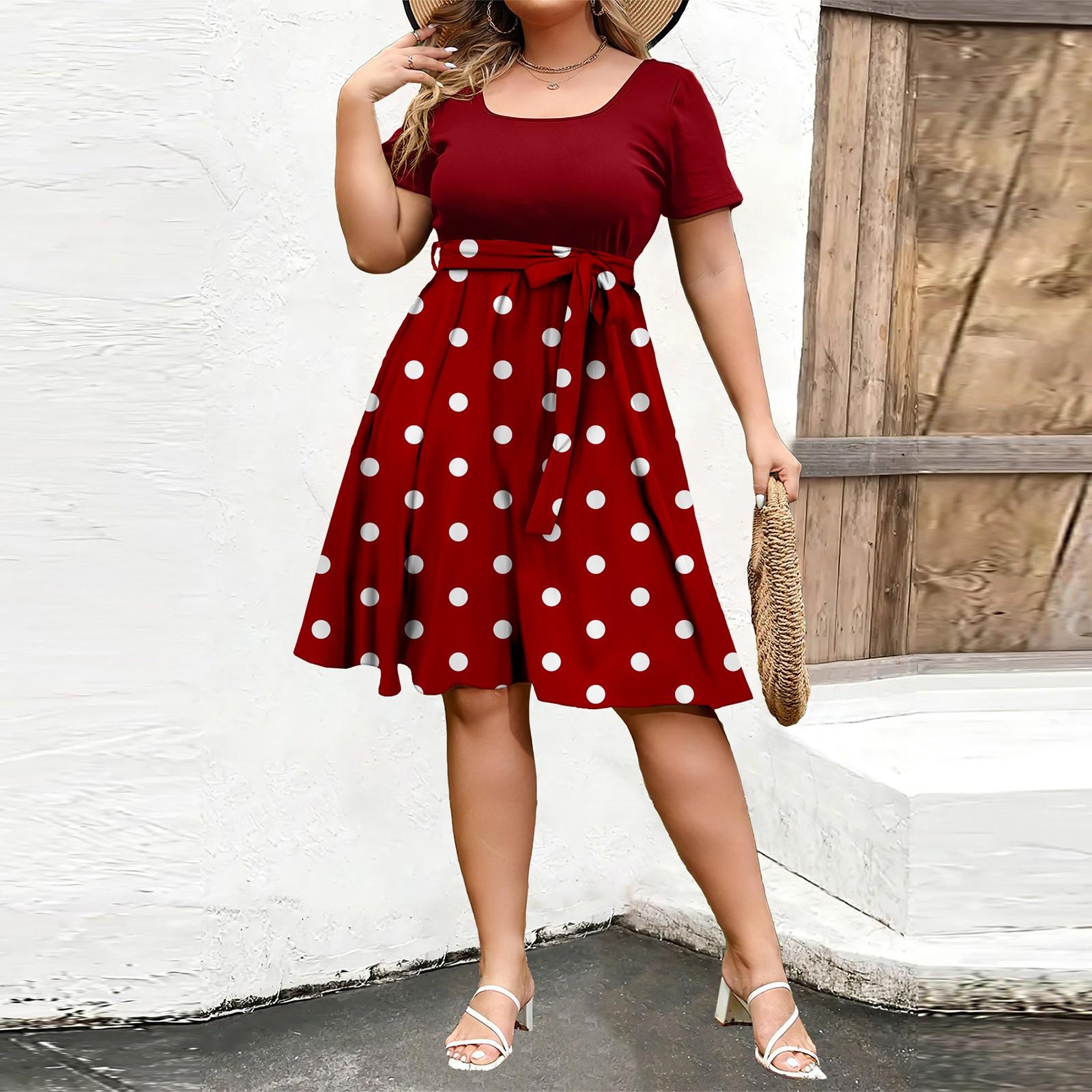 

Женское модное и трендовое платье с круглым вырезом и короткими рукавами на талии с принтом размера плюс XL красный