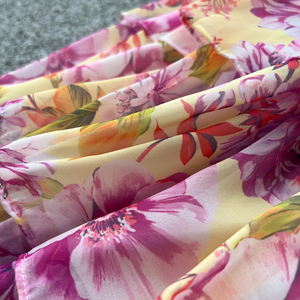 Retro V-Ausschnitt Schmetterlingsärmel Druck Chiffon Elegantes Sommerkleid A-Linie Schlagärmel Urlaubsdruck Damenkleider