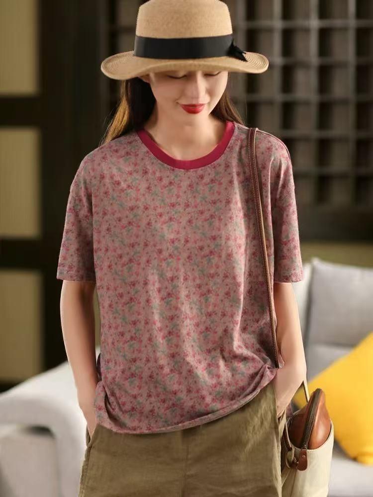 Johnature Women Print Floral T-Shirts O-Neck Short Sleeve Soft Summer Loose Casual T-Shirts