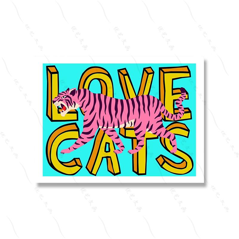 Liebe Katzen Tiger Leopard Porträt Blau Kunstdruck Cartoon Kinderzimmer Wand Poster Zitat Bunte Coole Leinwand Malerei Wohnkultur