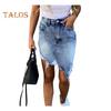 Women Summer Denim Skirt High Waist Button Zipper Fly Mini Skirt Ripped Holes Irregular Hem Hip Wrapped Skirt Streetwear