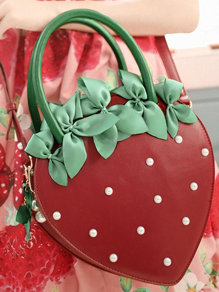 Lolita Style Strawberry Pearl Red Bow Handheld Crossbody Bag