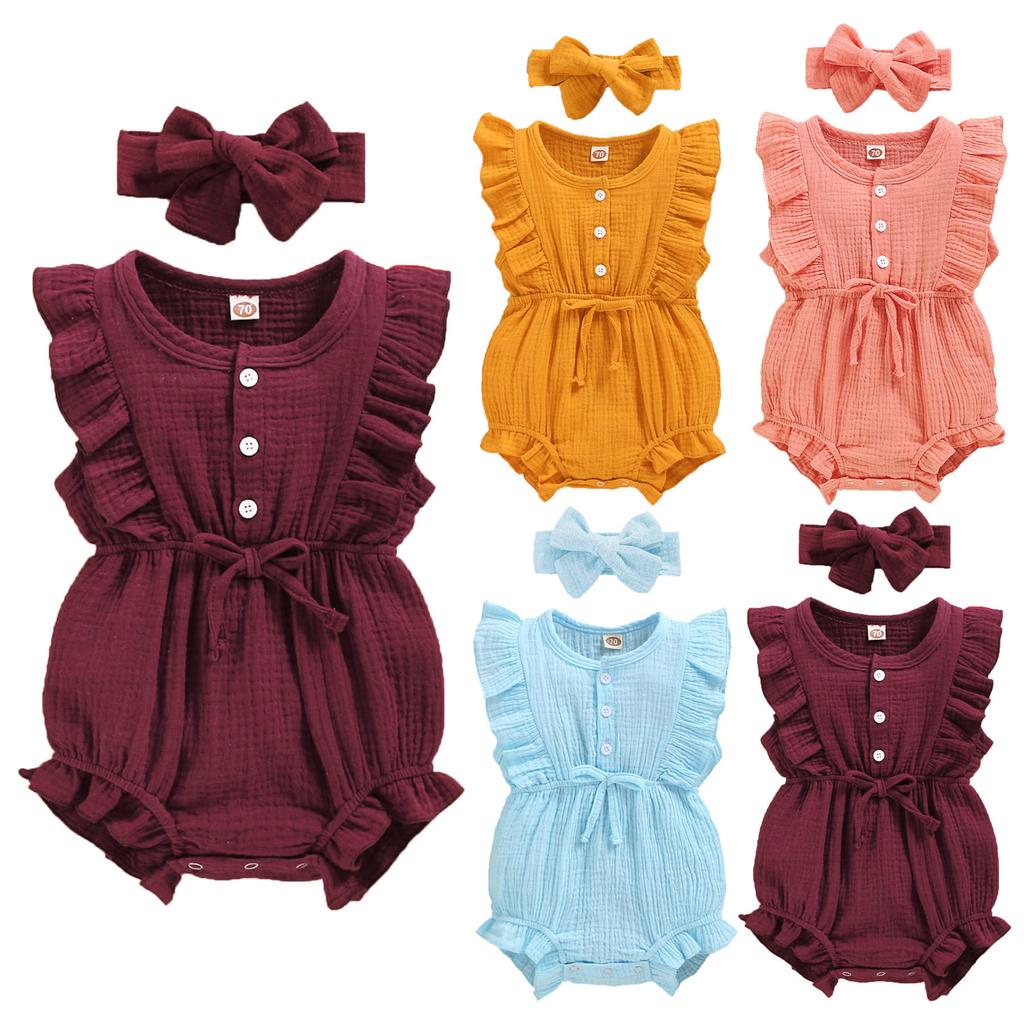 Buy [MDX] Summer Baby Girls Romper + Headband Cotton Linen Ruffles