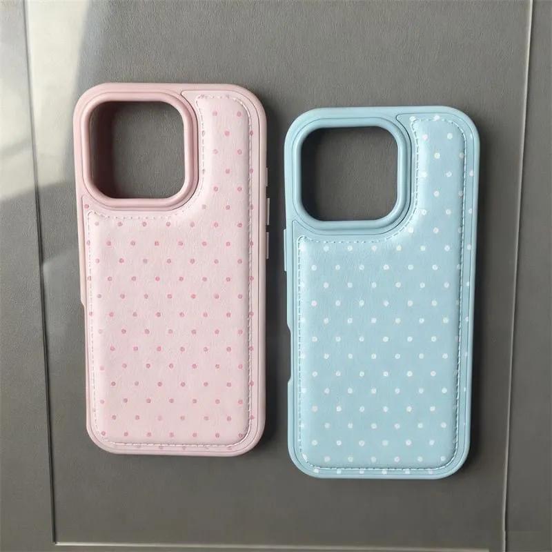 Korean Blue And Pink Polka Dots Bulge Leather Phone Case For iPhone 17 AIR 16 15 14 13 12 11 Pro MAX Plus Y2K Shockproof Cover