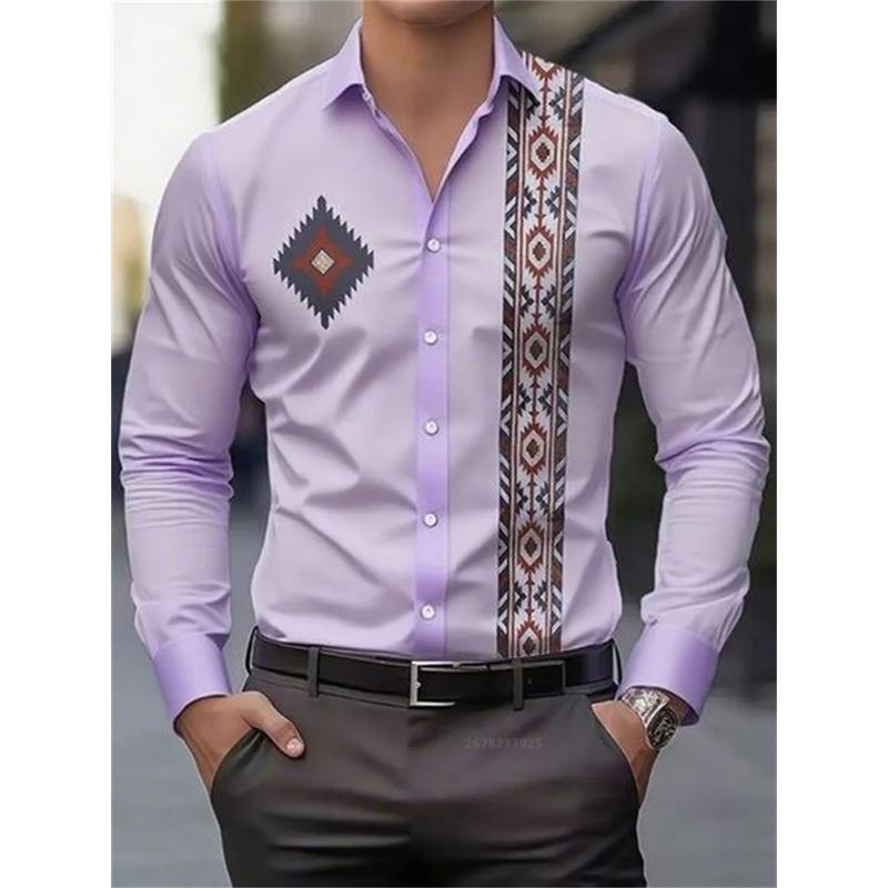 Men s Light Purple Ethnic Geometric Print Long Sleeve Shirt, Lapel Button Down Casual Dress Shirt, Vintage Aztec Pattern S