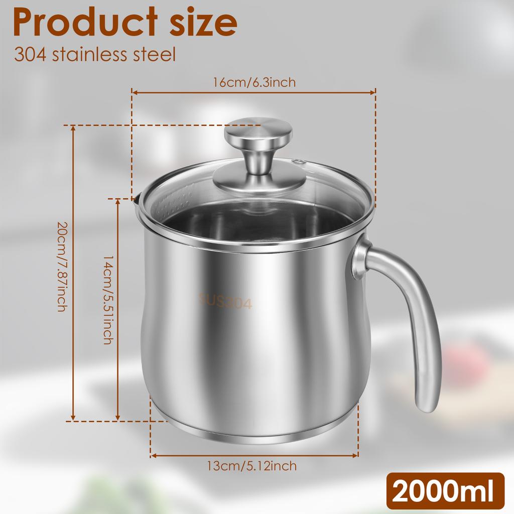 2000ML Stainless Steel Stock Pot For Soups Stews Household Noodle Cooking Pot Durable Easy to Clean Essential Kitchen Gadgets