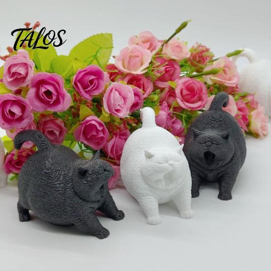 3D Printed Cute Yawning Chubby Cat Figurine, Black White, Wide Stable Anti-Tipping Base, Desktop Decor for Pet Shop Bedroom & Cat Lover Birthday