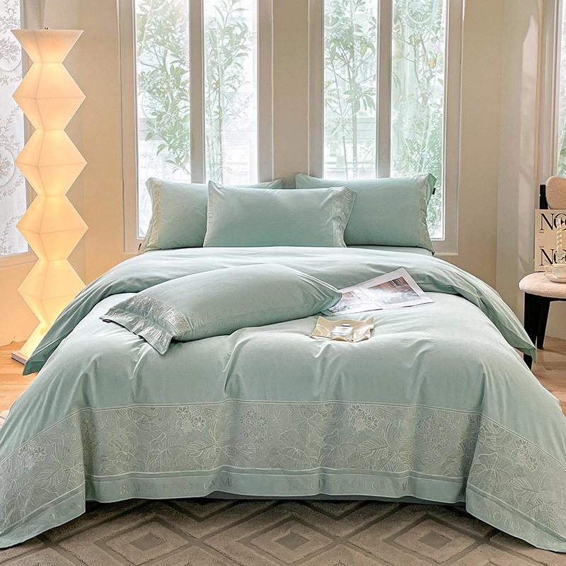 Mercury Pure Cotton Embroidered 4-Piece Set: Brushed Thick Warm Long-Staple Cotton Solid Color Fitted Sheet