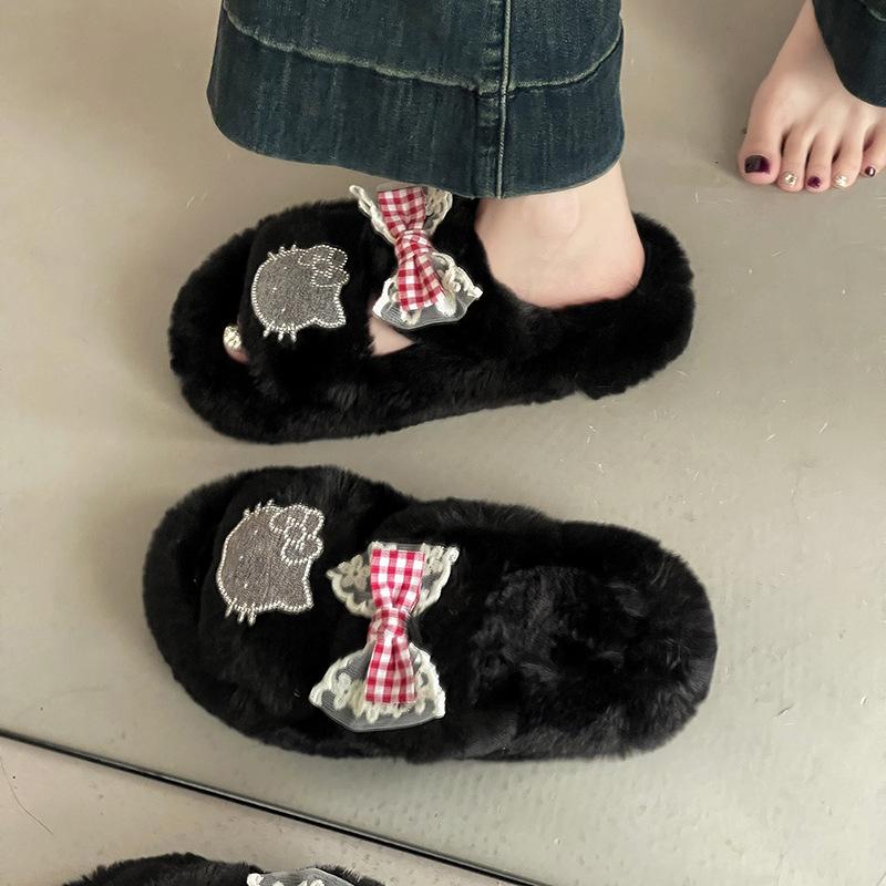 Furry casual furry shoes women's autumn and winter new wear cute cartoon thick sole heightening non-slip furry slippers tide
