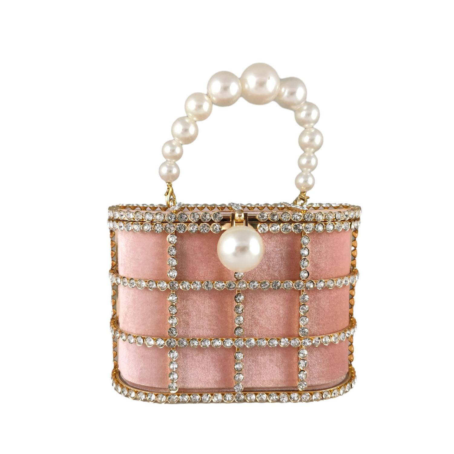 

Boutique De FGG Pearl Top-Handle Women Metal Bucket Bag, Crystal Evening Purses and Clutches, Formal Wedding Shoulder Handbags Small