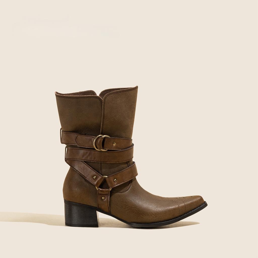Brown pointed short boots women's 2025 autumn and winter new old wasteland wind boots embroidered western cowboy boots