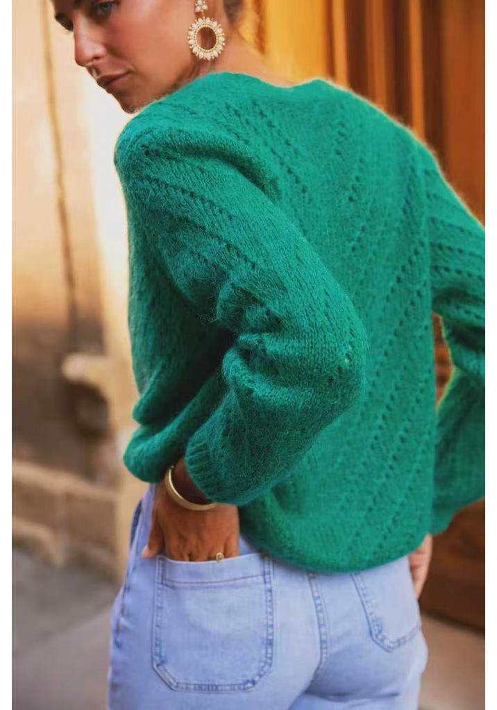 Damen V-Ausschnitt Mohair Cardigan - Langarm, Lochmuster, einfarbige Basis für Frühling & Herbst