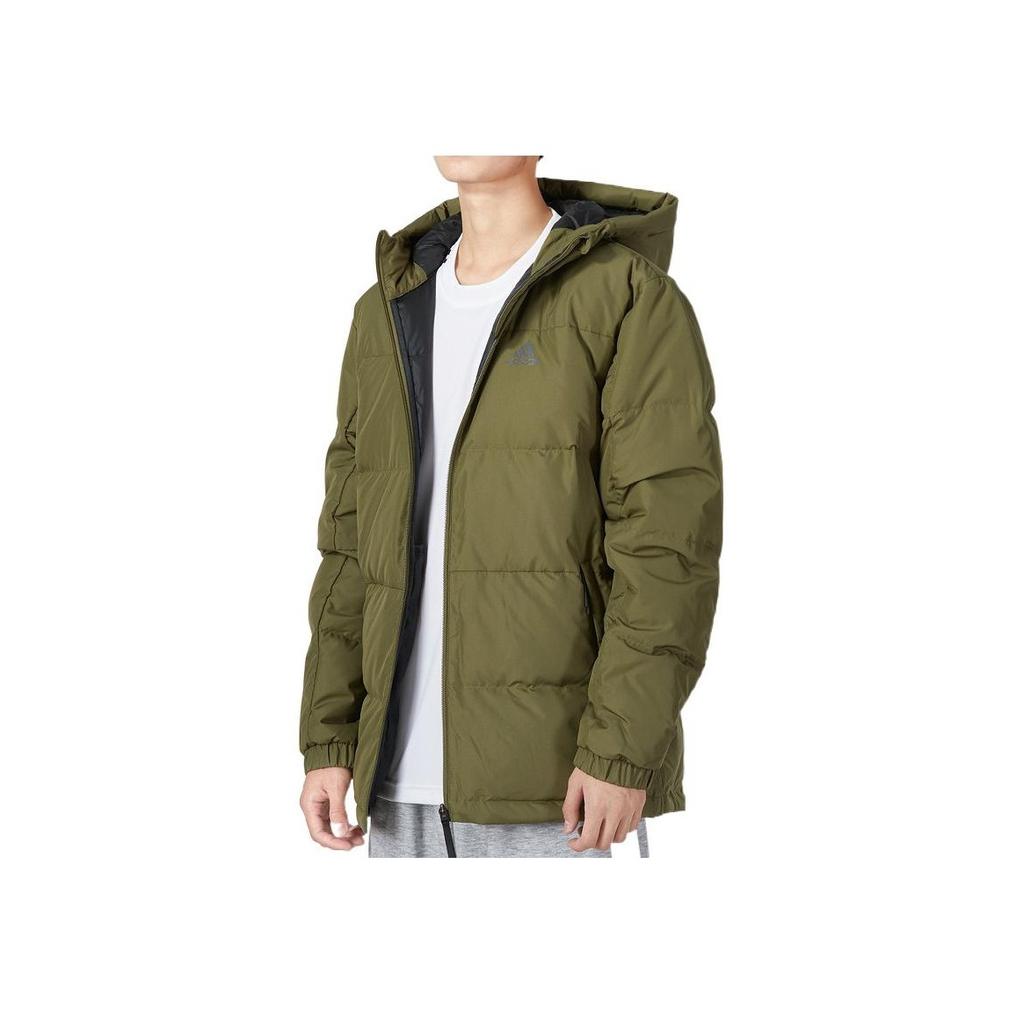 Adidas Logo Print Zip Pocket Detail Hooded Down Jacket Men Outerwear Army-Green HN2093