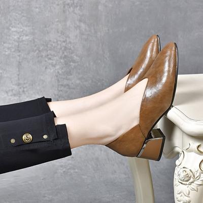 Spring and Summer Fashion Versatile Light Mouth Single Shoes Women's Thick Heel Pointed Middle Heel Women's Leather Shoes