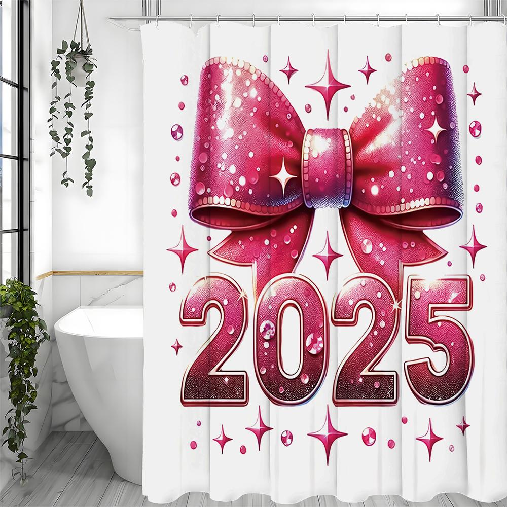 2025 pink bow shower curtain, bathroom decorative shower curtain, waterproof with hook shower curtain