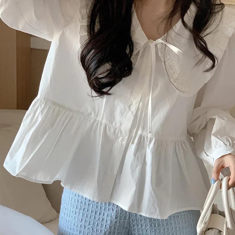 Harajuku Doll Collar White Sweet Shirt Women Loose Cute Lace Up French Tops Female Autumn Fashion Long Sleeves Solid Shirts Lady