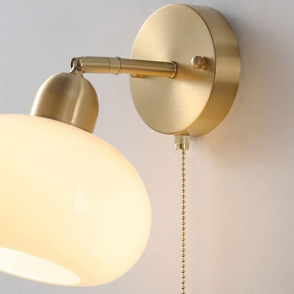 Brass Milk Glass Wall Sconce with Pull Chain Switch Vintage Copper Mid Century Modern Wall Light Fixture Adjustable Gold Farmhouse Bedside Wall Lamp