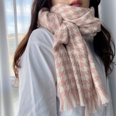 Versatile Houndstooth Check Cashmere Scarf Winter New Cute Girl Student Scarf Couple Korean Version Pink