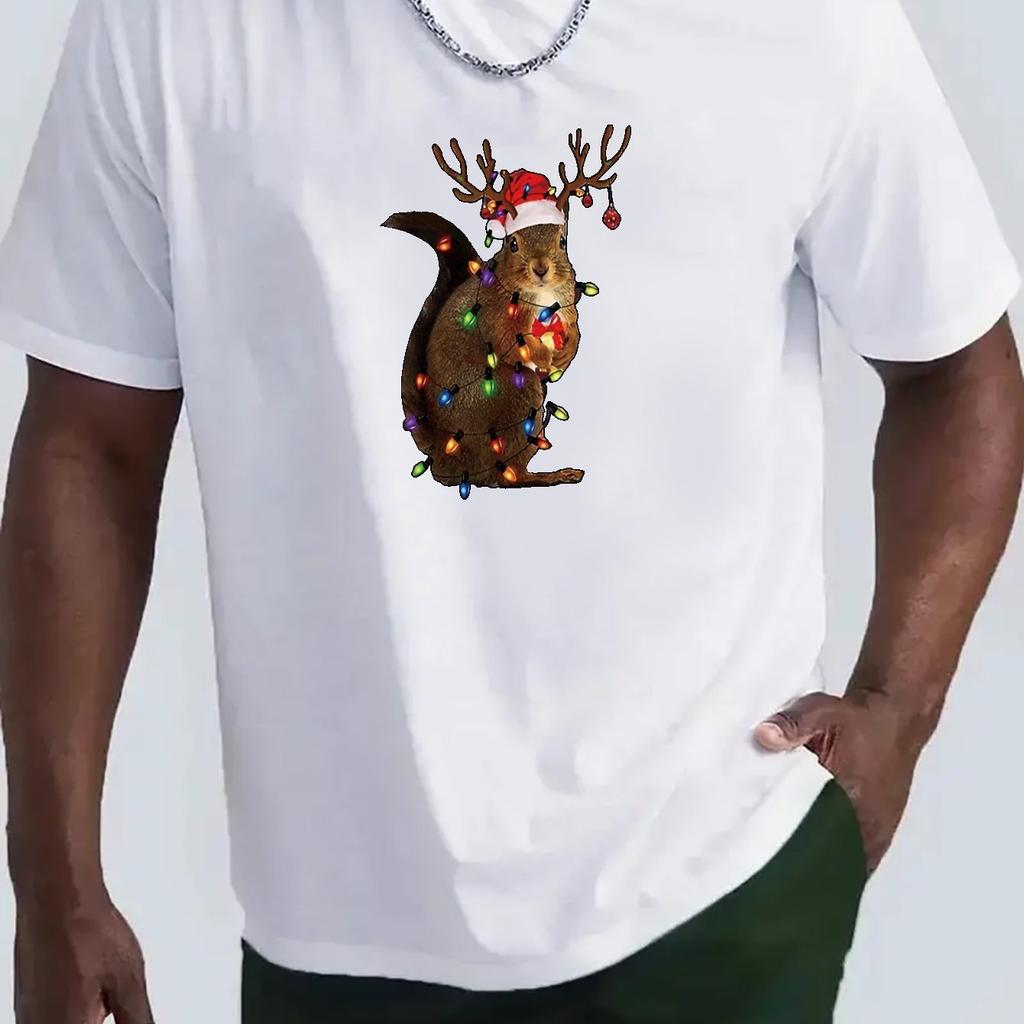 Weihnachts Eichhörnchen Rentier Lichter Grafik Herren Baumwoll T-Shirt Rundhals Lässig Kurzarm T-Shirt