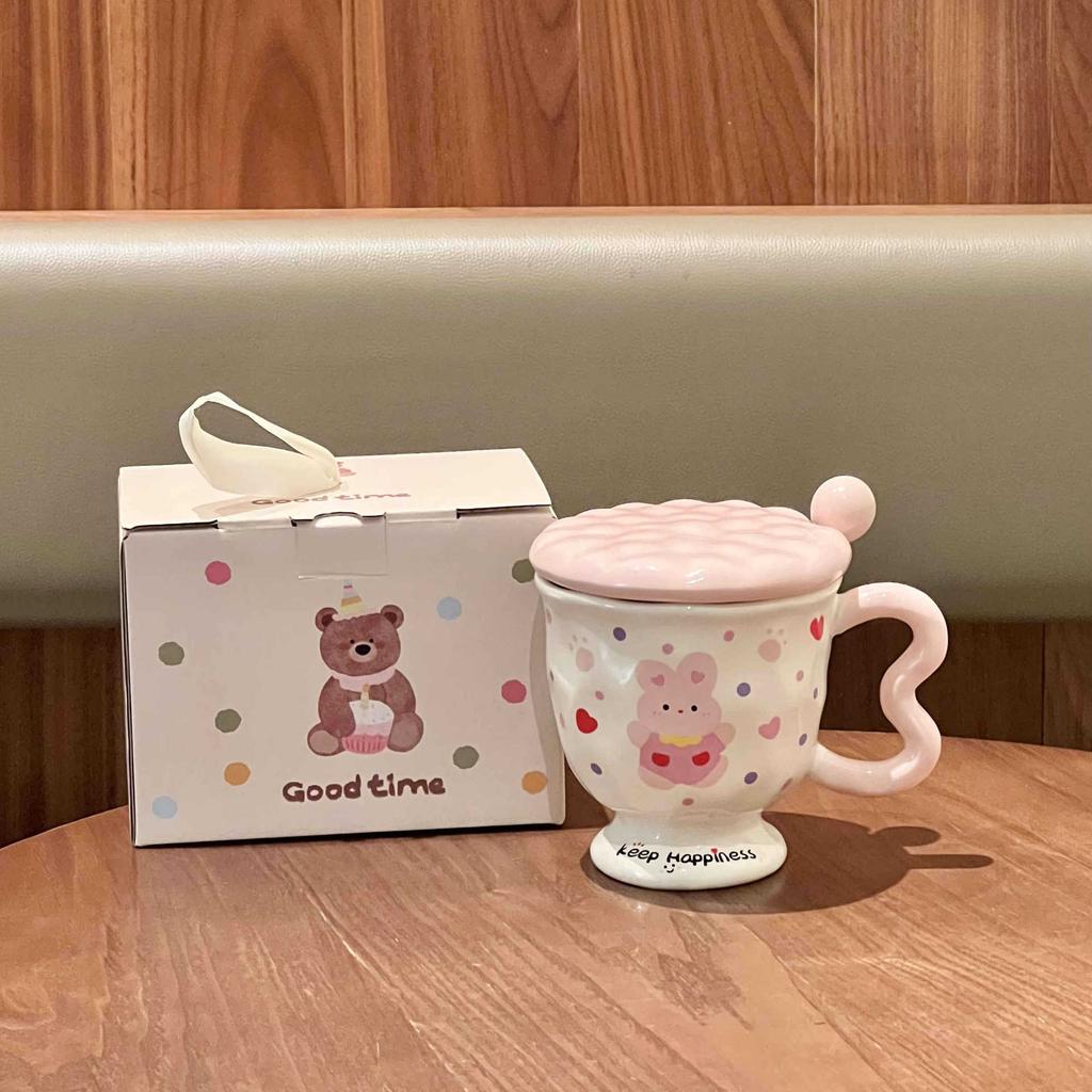 Girls' Heart Cute Rabbit Cup for Girls' Birthday Gift Souvenir High-value Ceramic Mug with Lid Spoon