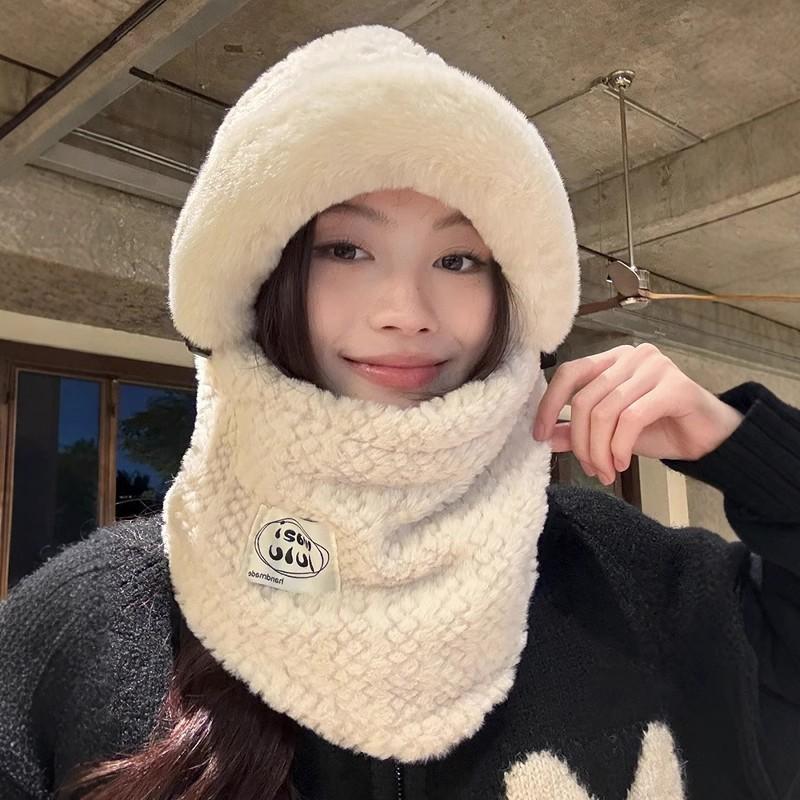 

Плюшевая шапка-шарф с интегрированной маской для женщин на осень и зиму, теплая защита ушей, ветрозащитная, от холода, с утолщением из плюша, шапка