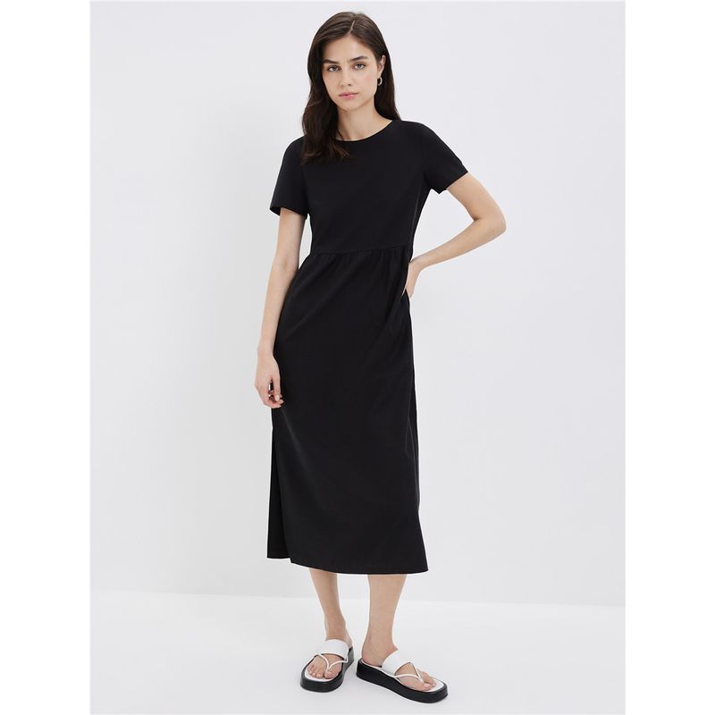 

Export Export Original Order Leftover Stock Woven Cotton Blended Normcore Women s Split Straight Waist round Neck Summer Short Sleeve Dress Black 46(Domestic L)