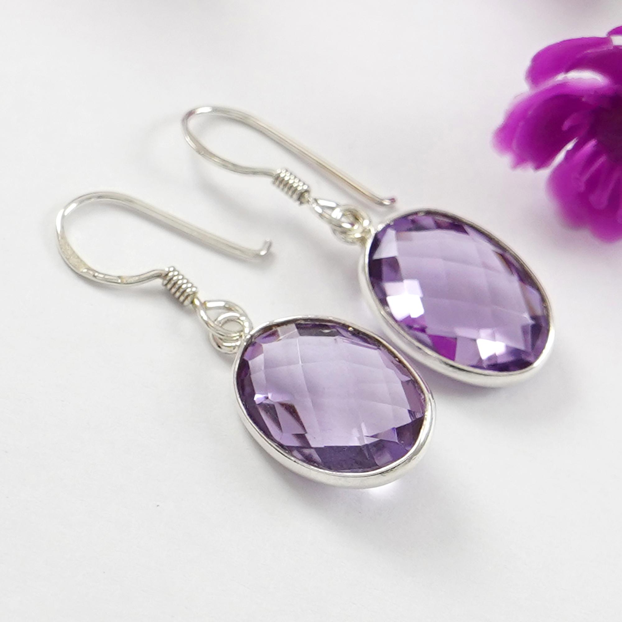 

Natural Amethyst Earrings, Handmade Earrings, 925 Sterling Silver Oval Checker Amethyst Earring, Present for her, February Birthstone