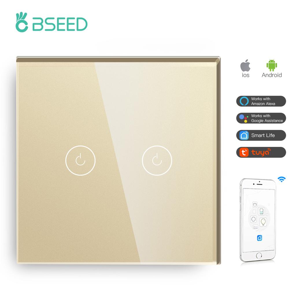 BSEED Wifi 1/2/3 Gang 1 Way Smart Switch LED Buttons Glass Panel Smart Switch Work With Tuya Google Home EU Touch Switch 600W