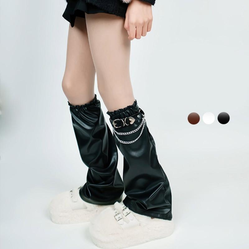 Women's Harajuku Faux Leather Flared Leg Warmers and Over Knee Socks Garter Belt Set for Punk Girls Japanese Streetwear