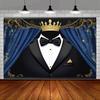 2D Flat Printing Blue Curtain Tuxedo Backdrop for Birthday and Graduation Photoshoot