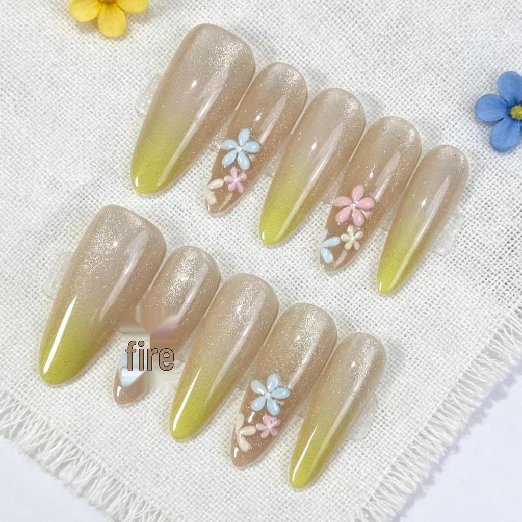 Custard Yellow Gradient Cat Eye Flower Almond Long Nails - High-Grade Wearable & Removable Manicure Tips