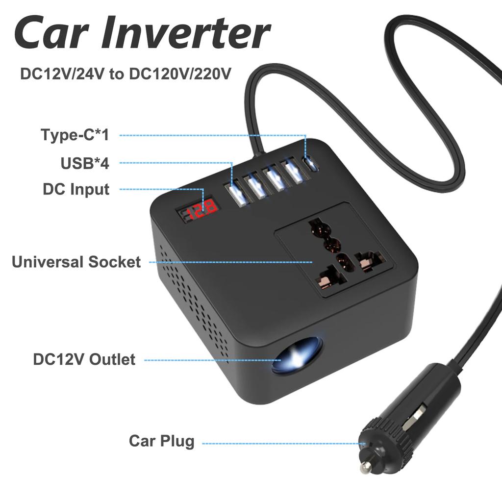 100W Automotive Inverter DC12V/24V To DC120V/220V, Peak LED With LED Display, Outlet Power Car Inverter Adapter, Fast Charging