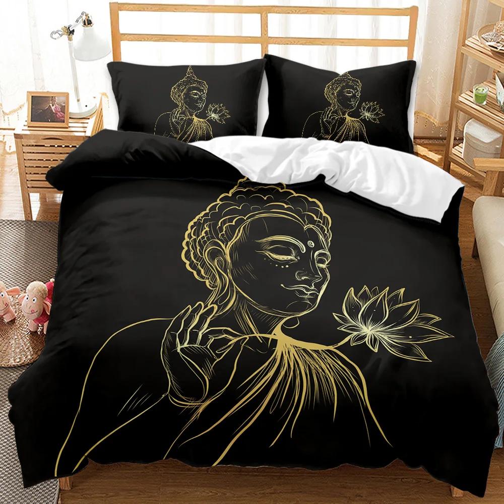 Buddha Duvet Cover Set Exotic Ethnic Bohemian Golden Black Lotus Flowers Bedding Set Double Queen King Polyester Qulit Cover
